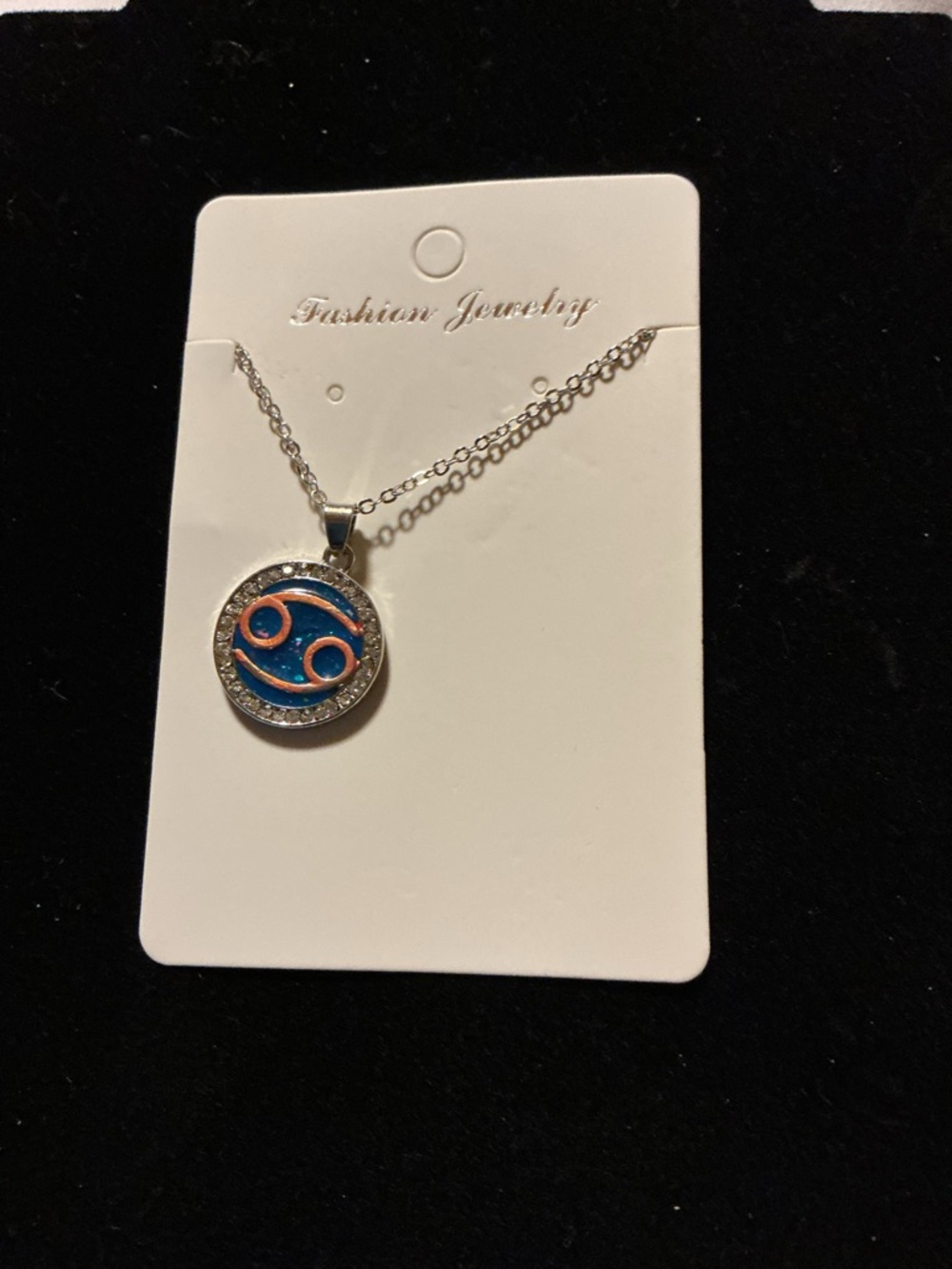 Cancer Zodiac Necklace Blue Round Pendant Rhinestone Accen - Picture 1 of 4